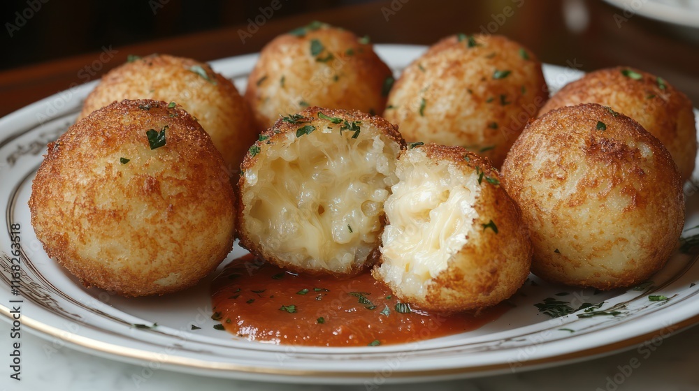 Arancini with Melted Cheese and Marinara Sauce Arancini with Melted Cheese and Marinara Sauce