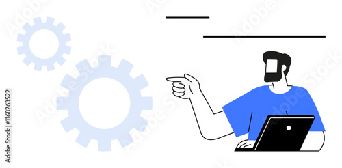 Man with a beard pointing towards large gears while holding a laptop. Ideal for teamwork, process optimization, technical solutions, guidance, innovation, analysis, efficiency. Abstract line flat
