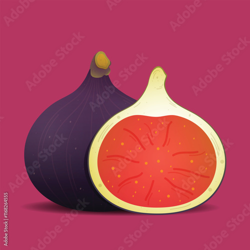 Fig. Delicious juicy figs whole and cut in half with leaves. Vector illustration.