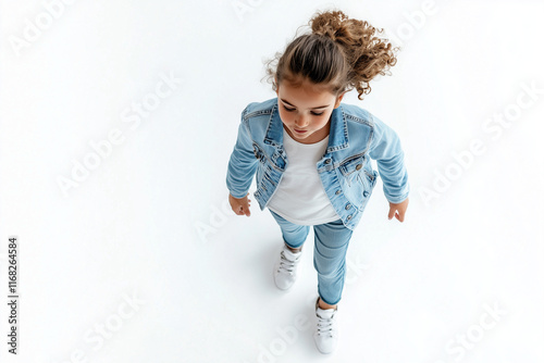 Portrait of a young girl walking, overhead view, isolated on a white background