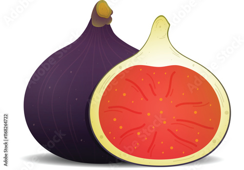 Fig. Delicious juicy figs whole and cut in half with leaves. Vector illustration.