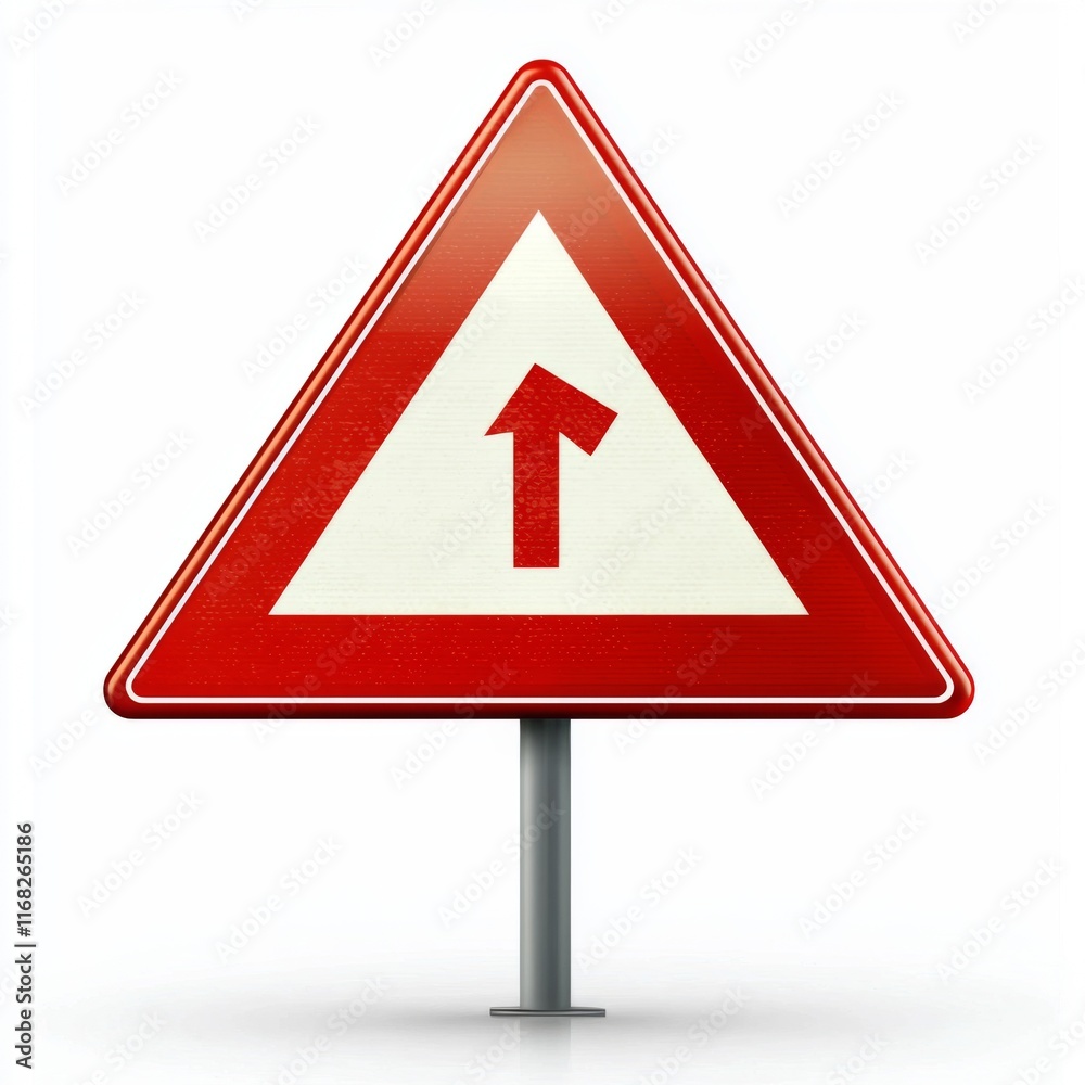 Red triangular road sign indicating straight ahead direction with white arrow symbol on a metal pole Red triangular road sign indicating straight ahead direction with white arrow symbol on a metal pole
