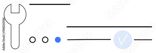 Wrench icon, three horizontal lines, two dots, and a blue checkmark. Ideal for technology, tools, verification, settings maintenance user interface and software applications. Line metaphor