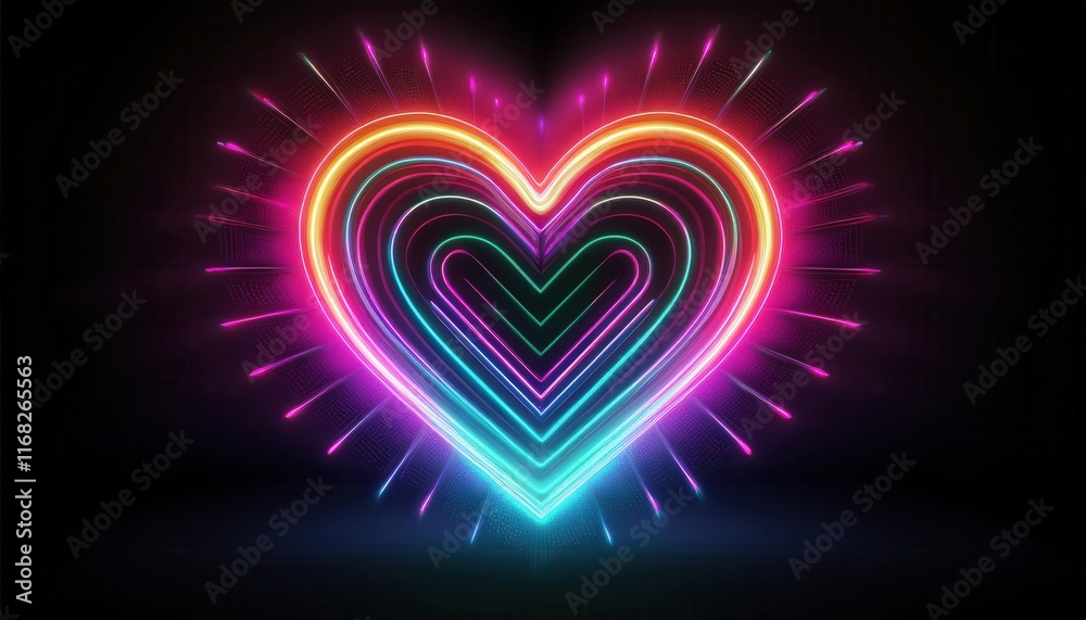 A vibrant, neon heart design radiating colorful light against a dark background, symbolizing love and energy. A vibrant, neon heart design radiating colorful light against a dark background, symbolizing love and energy.