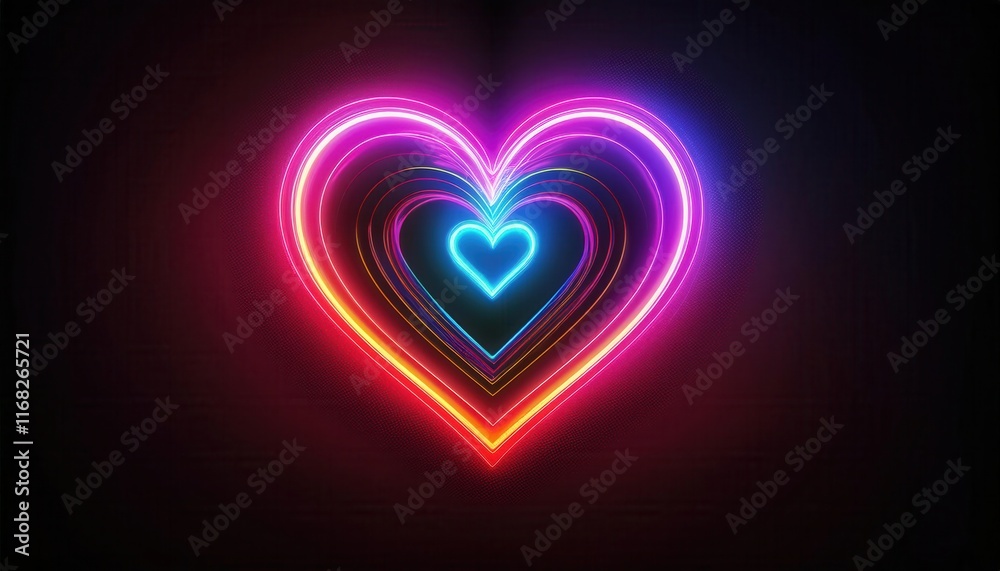 A vibrant, glowing heart design featuring multiple layers of neon colors against a dark background, evoking feelings of love and warmth. A vibrant, glowing heart design featuring multiple layers of neon colors against a dark background, evoking feelings of love and warmth.