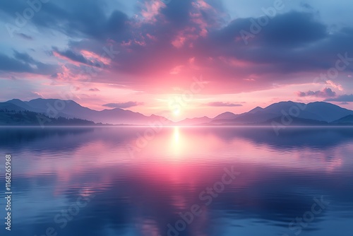 Serene Sunset Over Calm Mountain Lake Waters