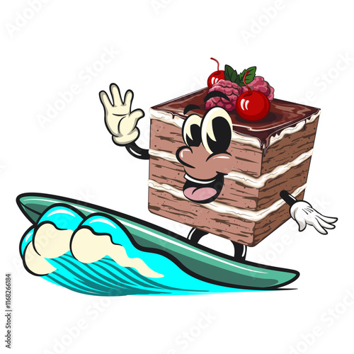 black forest cake cute cartoon isolated vector illustration character mascot surfing riding the waves, work of hand drawn