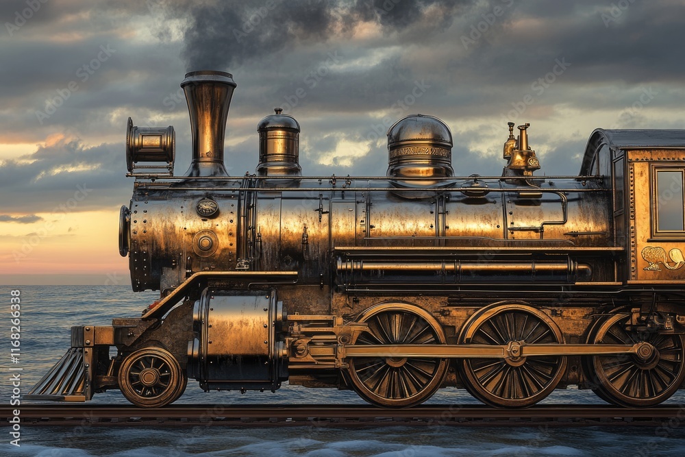 A majestic antique steam locomotive, golden in the sunset, stands by the ocean. A majestic antique steam locomotive, golden in the sunset, stands by the ocean.