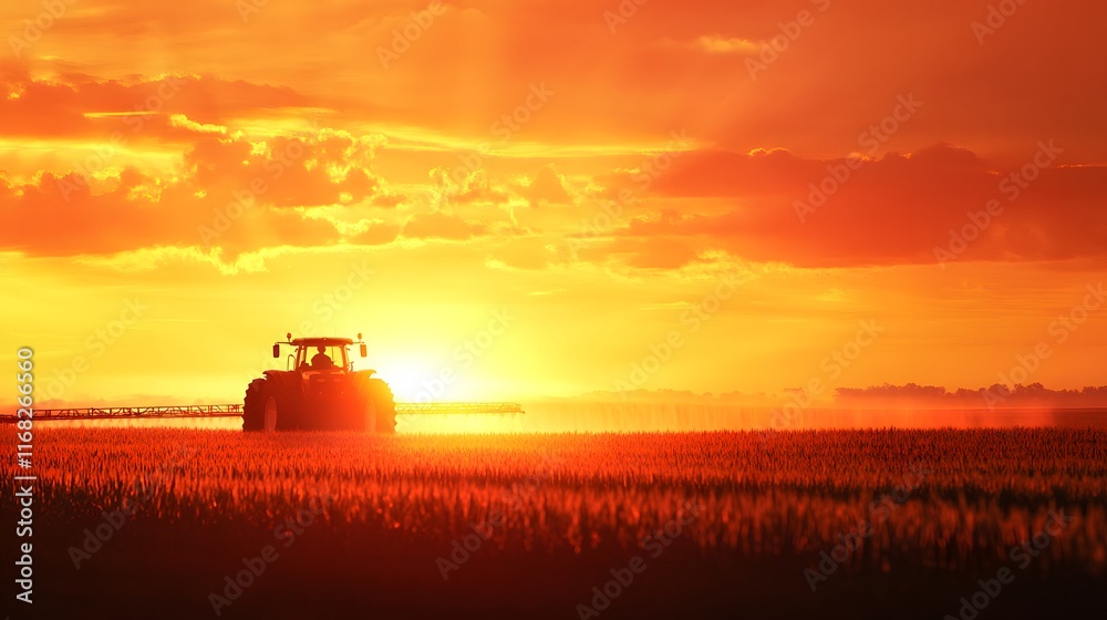 Fototapeta premium Tractor Spraying Crops at Sunset Golden Hour