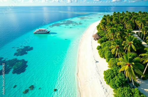 Maldives paradise, azure turquoise lagoon waters, palm trees, and white sandy beaches. From a high-angle view.