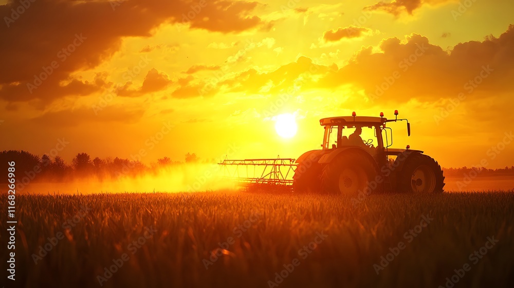 Fototapeta premium Tractor Spraying Crops During Sunset Golden Hour