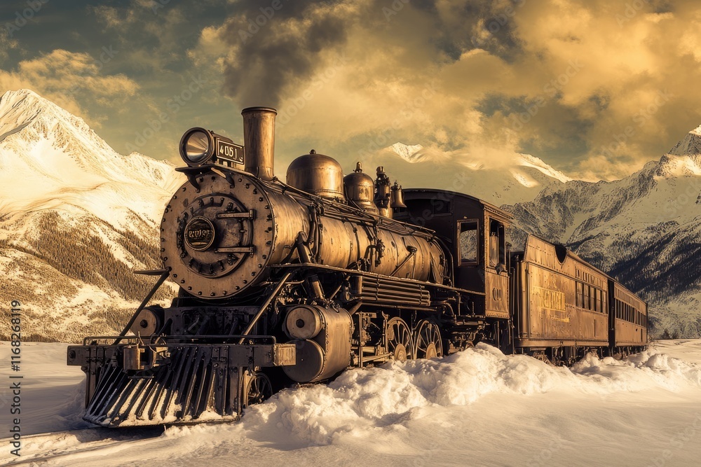 Obraz premium A vintage steam locomotive, weathered and majestic, rests in a snowy mountain landscape at sunset.