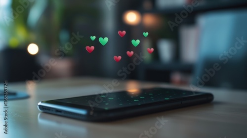 Sleek Black Smartphone on Minimalist Desk with Floating Green Thumbs-Up and Red Broken Heart Icons: Realistic Light Effects and Blurred Office Background for Social Media Concept. photo