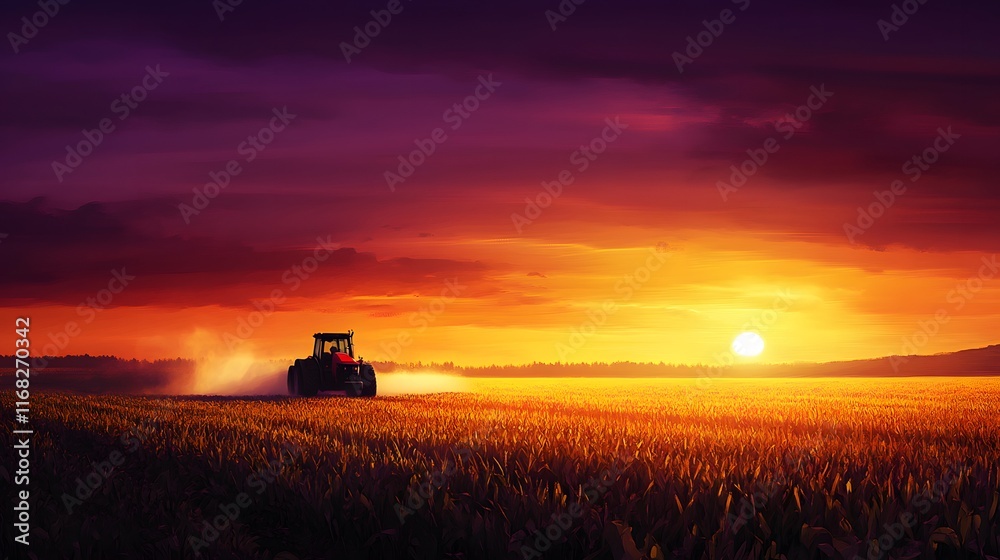 Fototapeta premium Tractor Working Golden Field Sunset Landscape