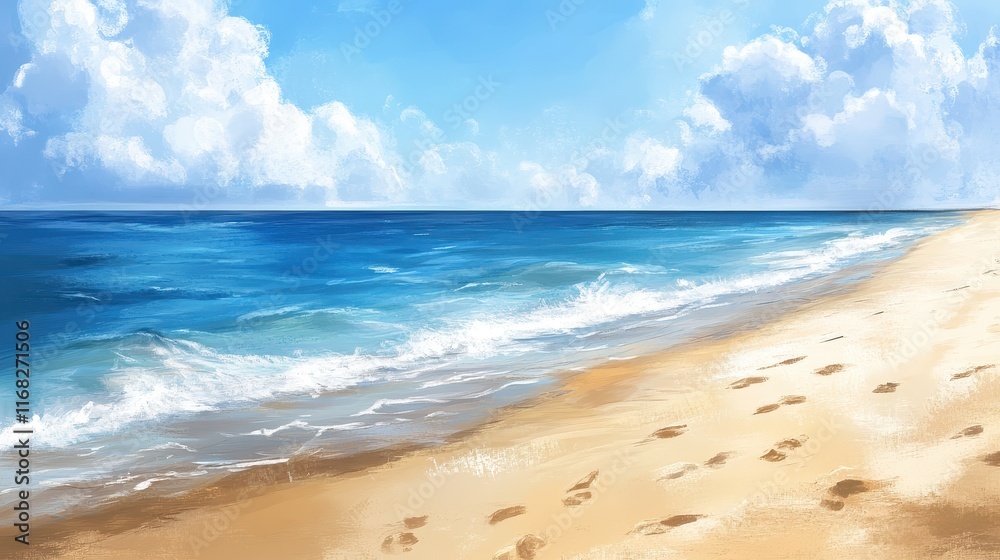 Sandy beach with soft footprints and a blurred ocean horizon for a relaxing feel Sandy beach with soft footprints and a blurred ocean horizon for a relaxing feel