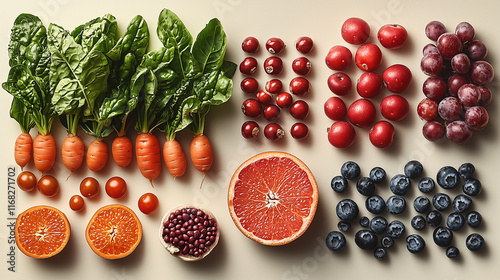 Colorful arrangement of fresh fruits and vegetables on a neutral background