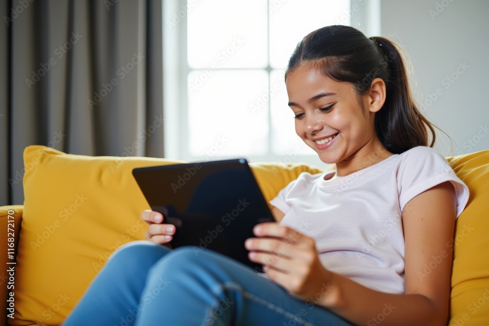Young Girl Enjoying Digital Time on Couch with Tablet - Perfect for Advertising Technology, Learning, or Family Life Concepts Young Girl Enjoying Digital Time on Couch with Tablet - Perfect for Advertising Technology, Learning, or Family Life Concepts