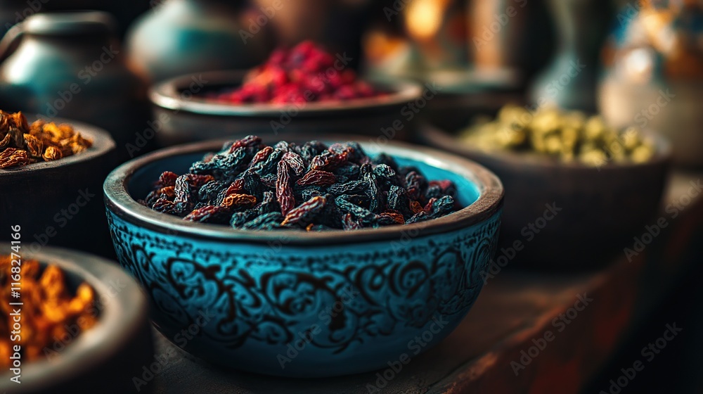 Dried fruits and spices in ornate bowls at a market.