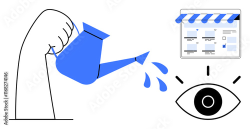 Hand holding a watering can, drops falling, business dashboard with charts, graphical eye. Ideal for digital growth, data analysis, business strategy, marketing, vision nurturing observation
