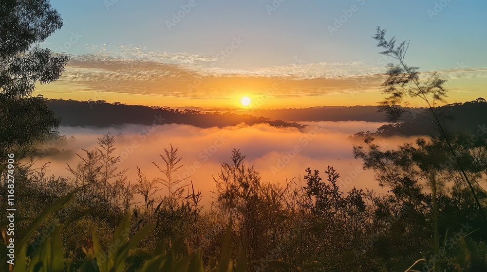 Obraz premium Golden sunrise over misty mountains with soft pastel colors blending into the sky