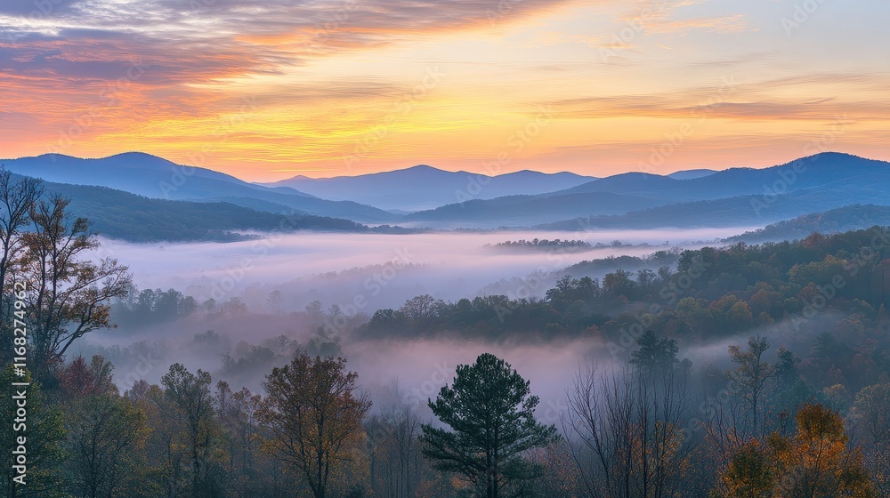 Golden sunrise over misty mountains with soft pastel colors blending into the sky Golden sunrise over misty mountains with soft pastel colors blending into the sky