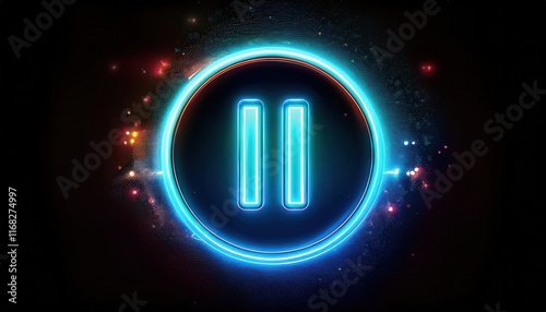 A glowing pause symbol surrounded by colorful sparks and a neon halo, set against a dark background.