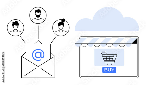 Email envelop connected to people icons alongside an online storefront with shopping cart and Buy button. Ideal for online communication, e-commerce, marketing, customer engagement, digital shopping