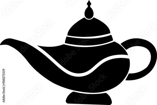 Magical Genie Lamp icon. Mystical, black flat vector ornate genie lamp, radiating magic and wonder with sparkling stars. Perfect for fantasy, storytelling, and wish granting themes.