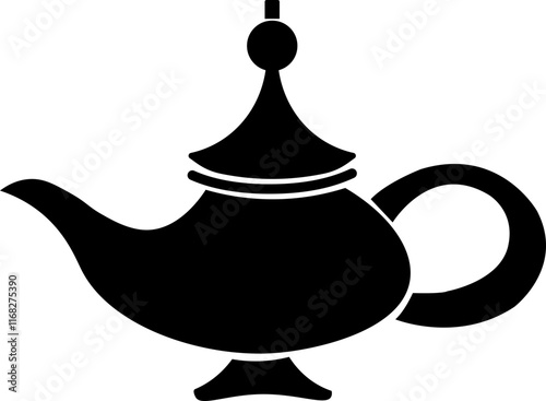 Magical Genie Lamp icon. Mystical, black flat vector ornate genie lamp, radiating magic and wonder with sparkling stars. Perfect for fantasy, storytelling, and wish granting themes.