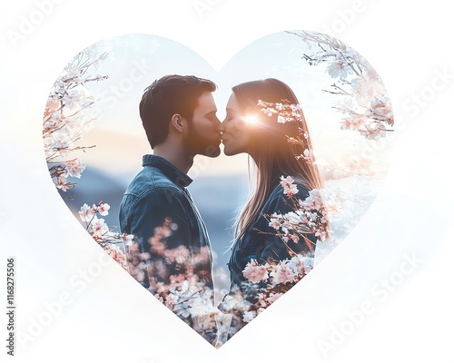 Romantic Couple Kissing in a Heart Frame with Spring Blossoms, Featuring Romantic Couple in Love and Romantic Couple in Nature's Bloom