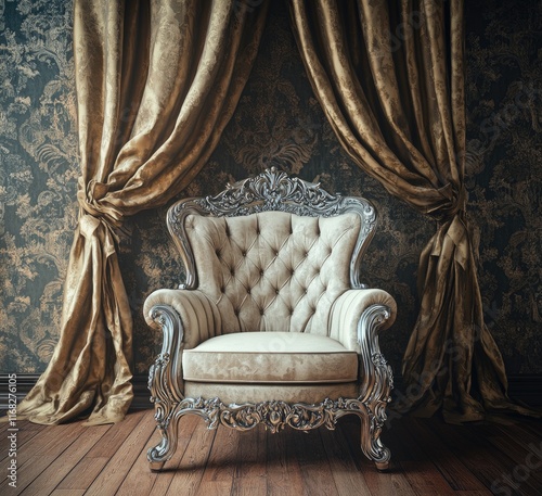 Vintage carved armchair against gray and brown velor curtains