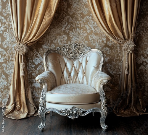 Vintage carved armchair against gray and brown velor curtains