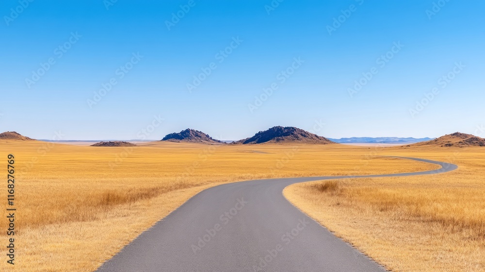 A winding road through a vast golden landscape under a clear sky. A winding road through a vast golden landscape under a clear sky.