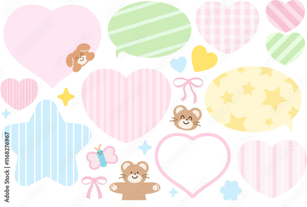 Pastel vector illustrations of teddy bear, puppy, butterfly, ribbon, hearts, stars for text bubbles, cartoon, characters, comic, souvenir shop, animals, text, message, Valentine card, background, icon Pastel vector illustrations of teddy bear, puppy, butterfly, ribbon, hearts, stars for text bubbles, cartoon, characters, comic, souvenir shop, animals, text, message, Valentine card, background, icon