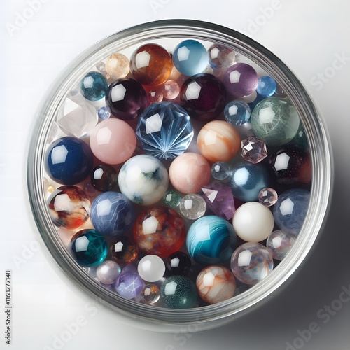 AI Generate of Assorted Crystal Ball in Jar on white background, pop of fun, playfulness