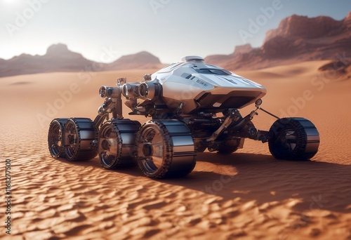 landscape 3d rendering martian planetary desert rover exploring futuristic