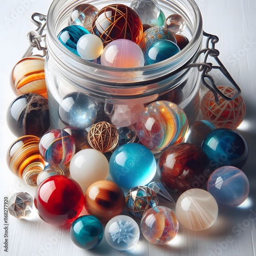 AI Generate of Assorted Crystal Ball in Jar on white background, pop of fun, playfulness