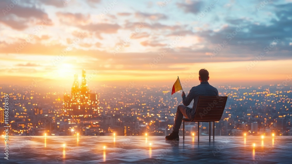 Fototapeta premium A joyful offshore worker waving a safety flag against a vibrant sunset cityscape celebrating security in dynamic work environments