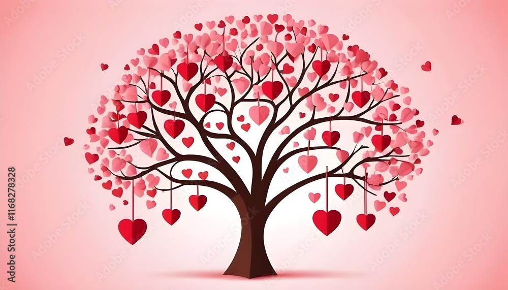 Fototapeta premium Happy Saint Valentine's Day is represented by a Valentine tree adorned with paper leaves shaped like hearts and suspended hearts.