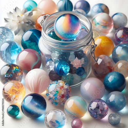 AI Generate of Assorted Crystal Ball in Jar on white background, pop of fun, playfulness