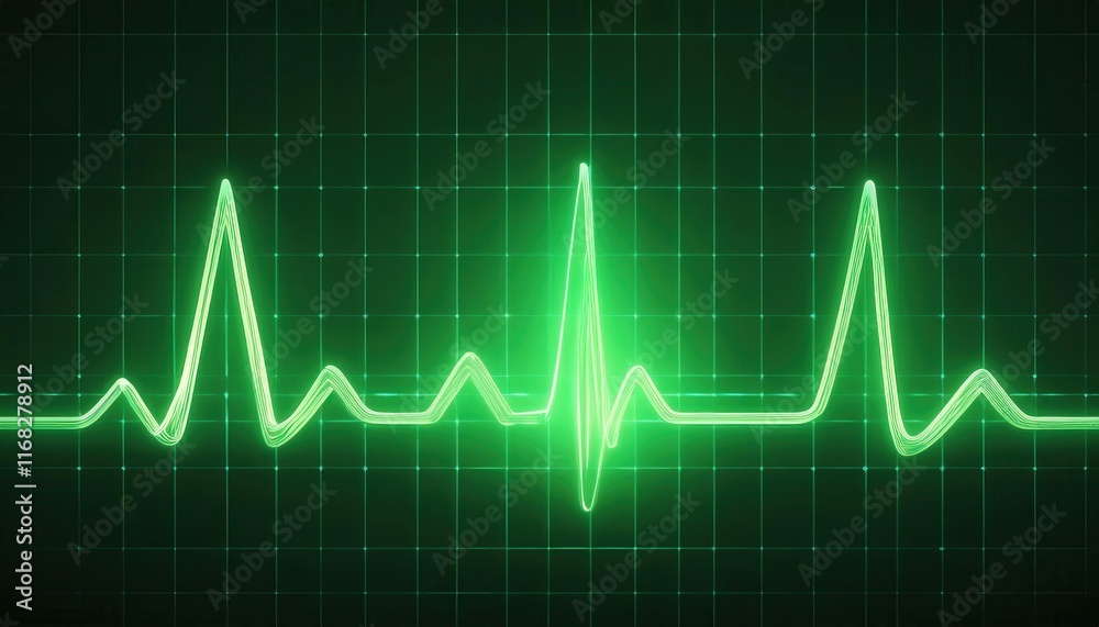 A glowing green ECG heartbeat waveform on a dark grid background, representing health and medical technology. A glowing green ECG heartbeat waveform on a dark grid background, representing health and medical technology.