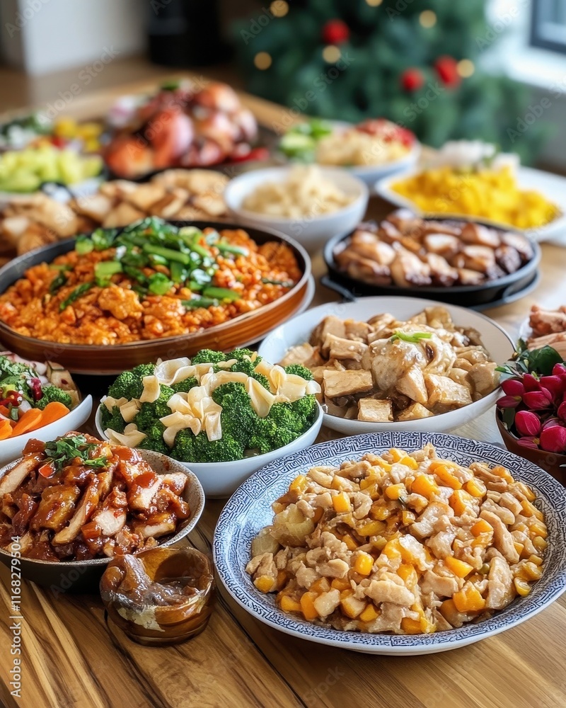 Full table of Chinese New Year reunion dinner dishes featuring vibrant flavors and traditional delicacies. Full table of Chinese New Year reunion dinner dishes featuring vibrant flavors and traditional delicacies.
