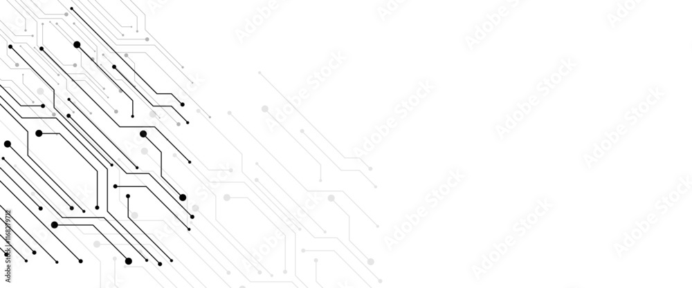 Obraz premium Vector Technology connected white lines and dots with electronics elements on tech bg. Digital technology futuristic internet network speed connection white background. 