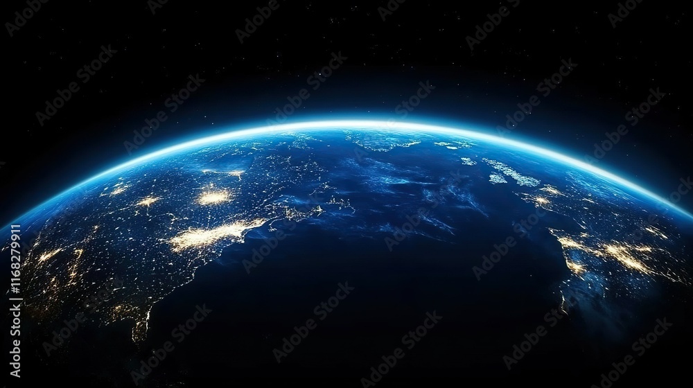 Obraz premium Nighttime Earth: European Cities Illuminated, Calm and Tranquil Atmosphere, Cinematic Style, Shallow Depth of Field, Blue Urban Lights, Global Perspective