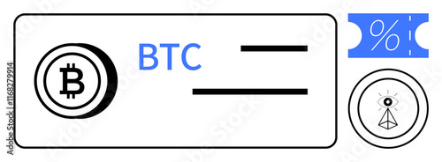 Bitcoin currency symbol, BTC text, interest percentage icon, abstract eye representing blockchain security. Ideal for cryptocurrency, finance, blockchain technology, investments, digital currency