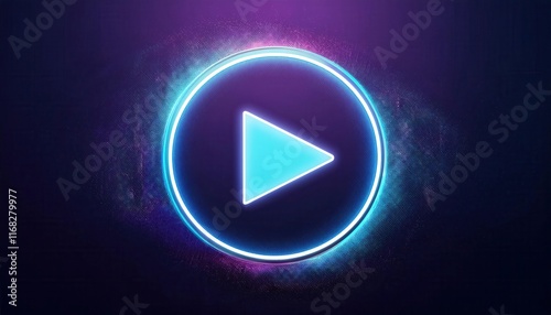 A glowing blue play button surrounded by a vibrant circular halo, set against a dark background, conveying a modern digital feel.