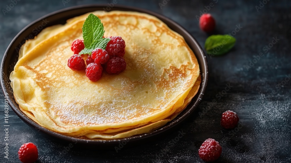 a stack of golden crepes with berries and mint leaves on top, on a dark wooden table a stack of golden crepes with berries and mint leaves on top, on a dark wooden table