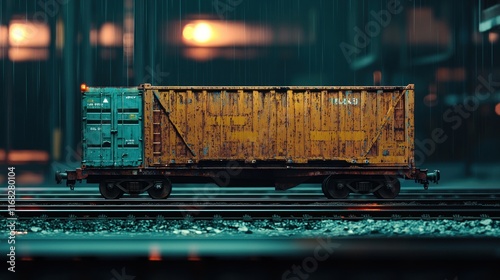 Night Rain: Rusty Cargo Train in the City photo