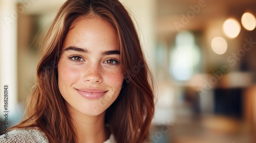 Cheerful young woman smiling indoor portrait warm lighting close-up positive vibes in cozy living space