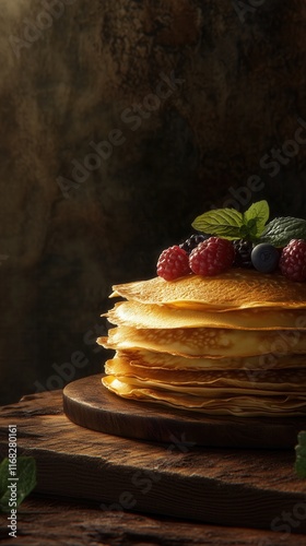 a stack of golden crepes with berries and mint leaves on top, on a dark wooden table photo